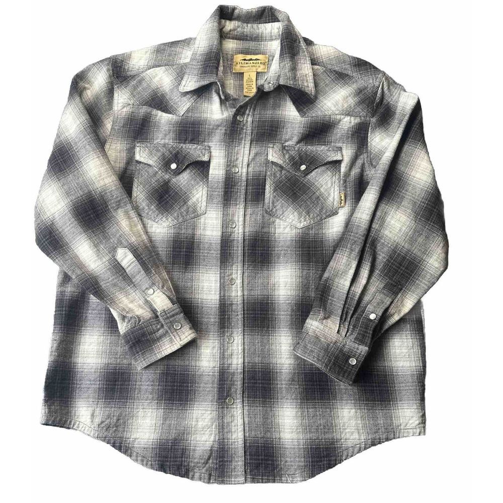 Men's Kilimanjaro Travellers Supply Co Blk Gray Plaid L Pearl Snap Lng Slv Shirt